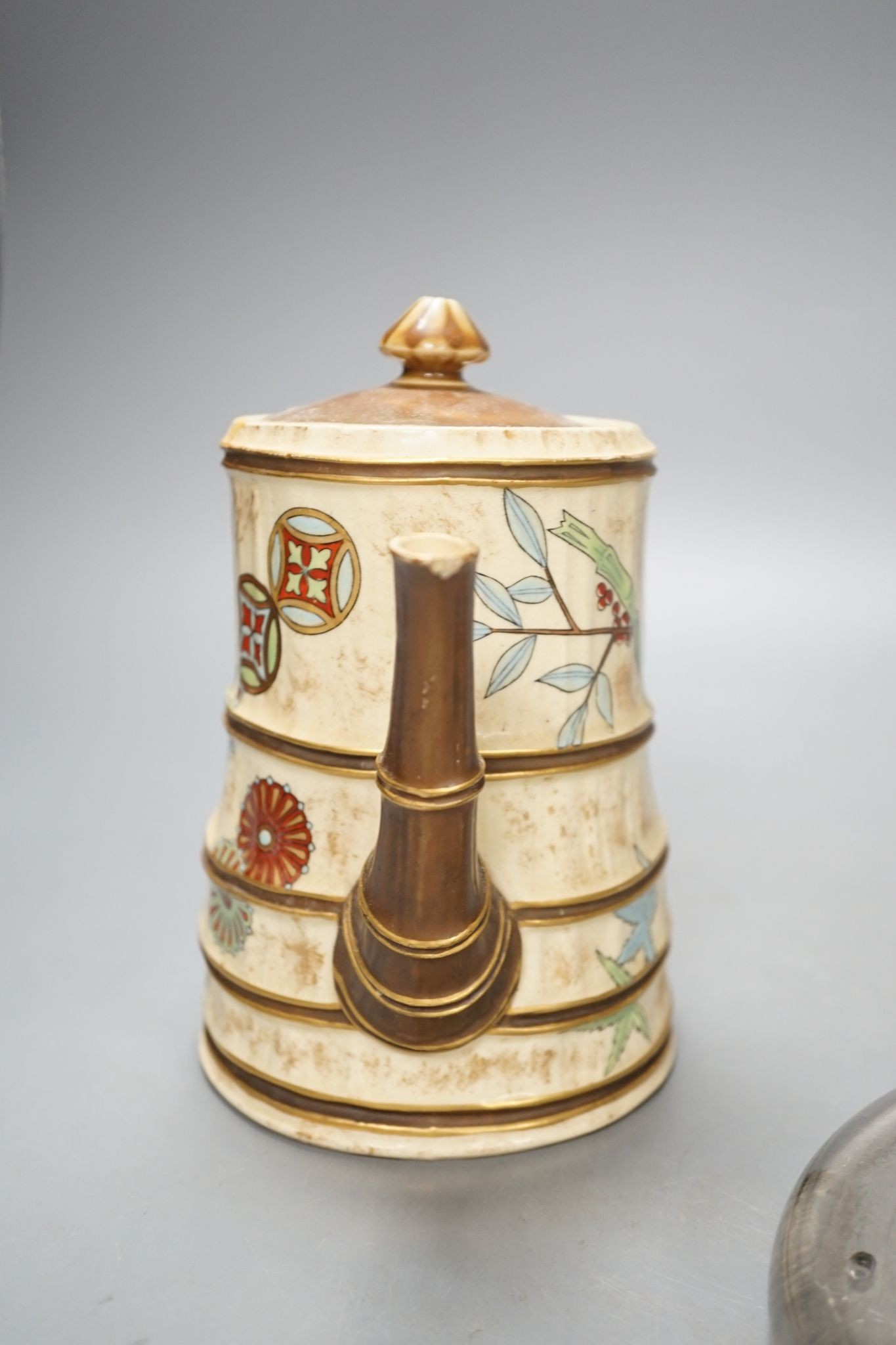 A Royal Worcester Japanese taste coffee pot and a Victorian glass squat shaped inkwell, with a brass lid (2)